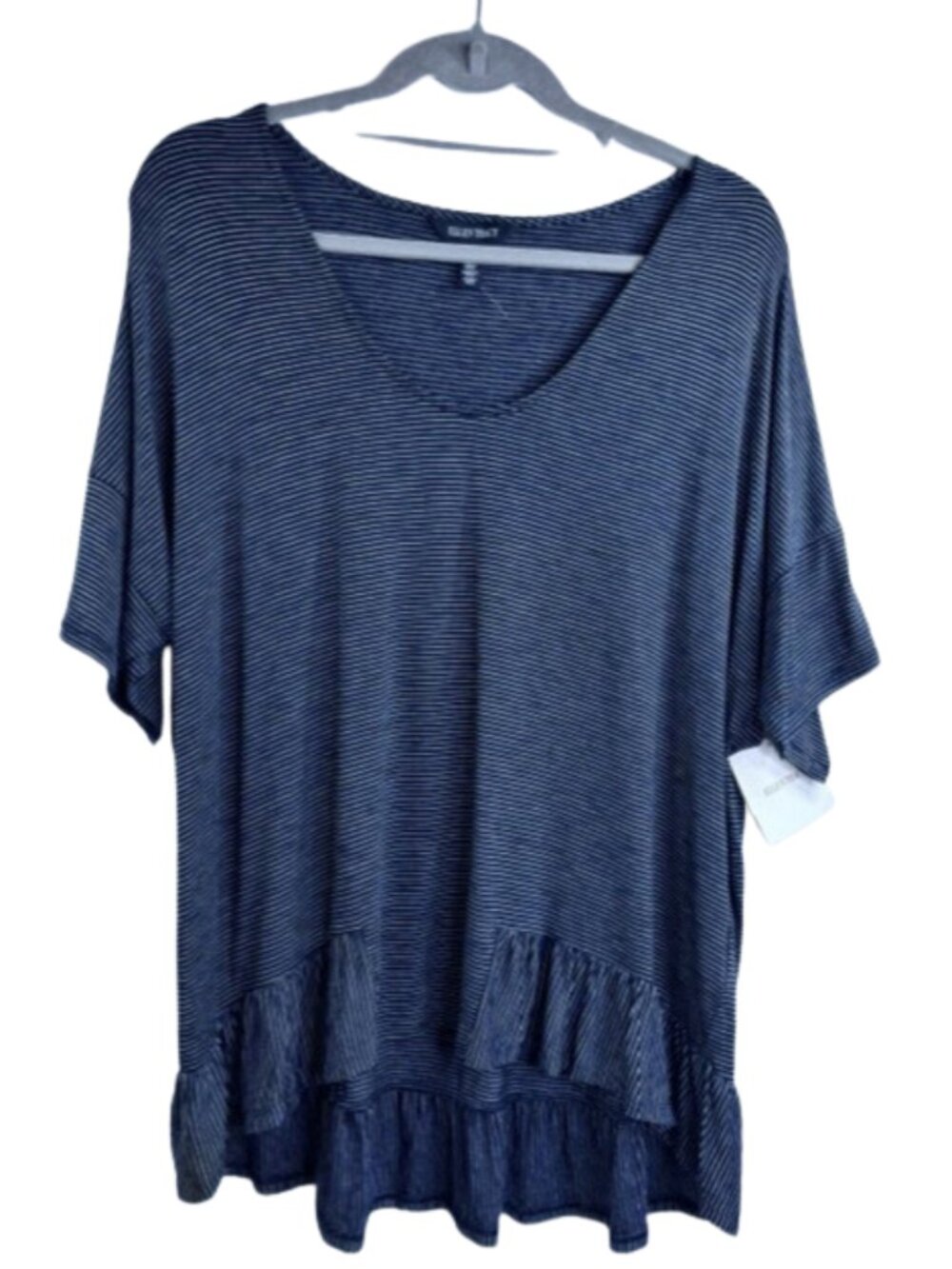Ellen Tracy The Hamptons Short Sleeve Striped Ruffle Hem Top XL Navy/White NWT